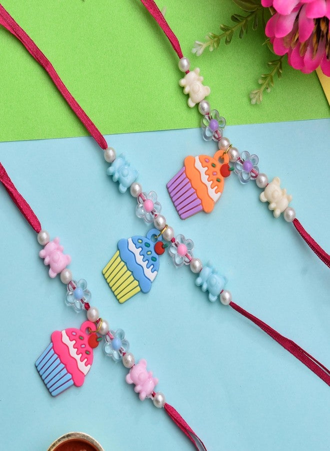 brown leaf Pack Of 3 Beautiful Design Kids Rakhi Bracelets Set With Cartoon Watch For Little Brother Sister Rakshabandhan favor (Design 1) - Image 2